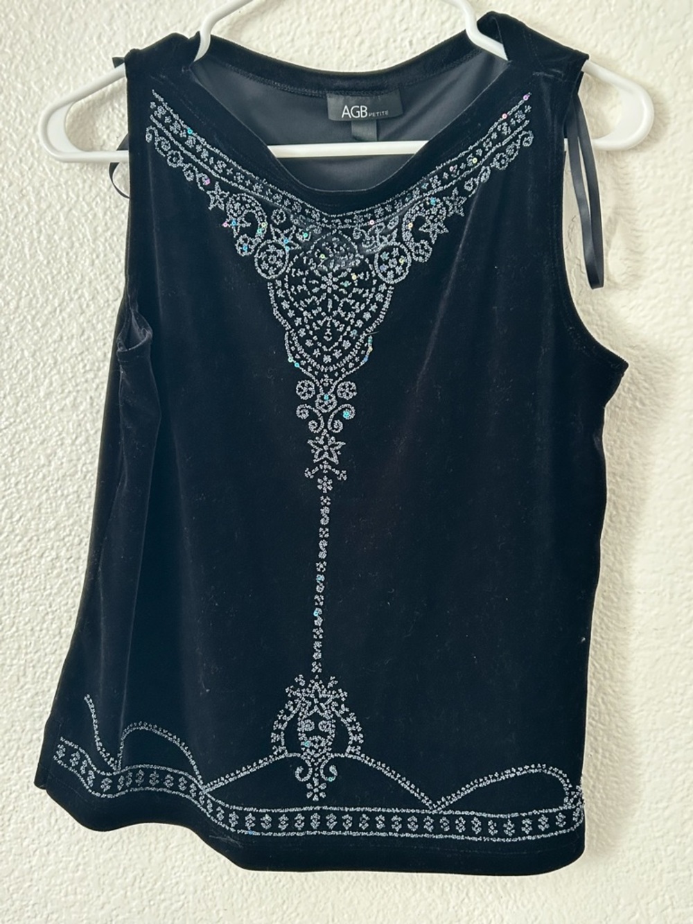 AGB Black Velvet Sleeveless Top with Silver Rhinestone Detail